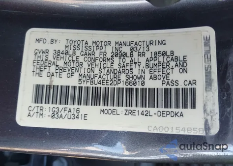 2013 Toyota Corolla L из США, поврежденный, VIN 5YFBU4EE2DP166010